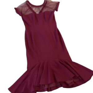 Maggy London Burgundy Cap Sleeves Mesh Neckline‎ Ruffled Hem Mermaid Dress US 14
